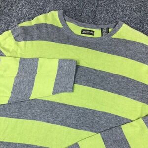 St Johns Bay Mens Large Lime Green Grey Rugby Striped Cotton Crewneck Sweater L